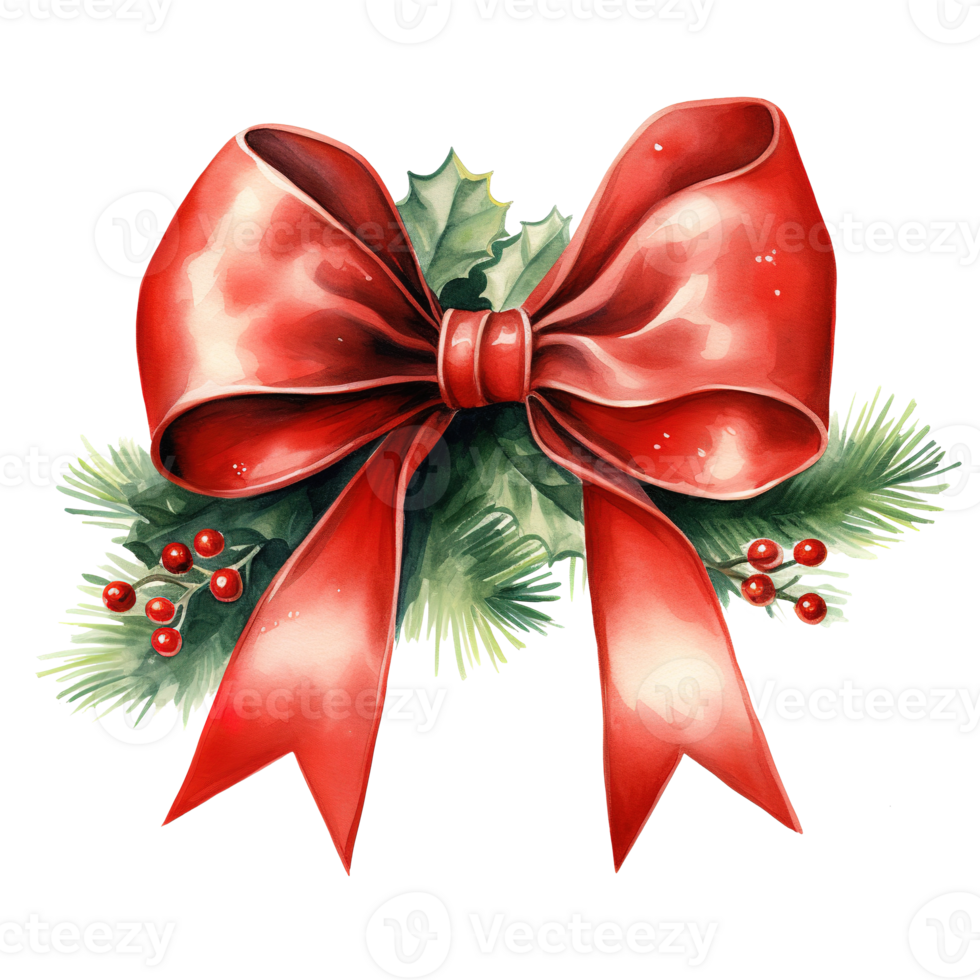 Red Bow For Christmas Event. Watercolor Style. AI Generated png