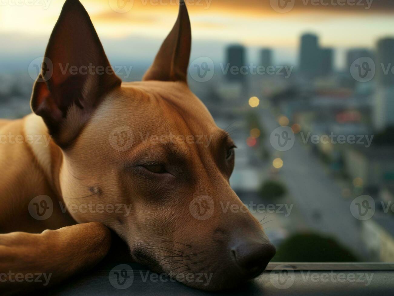 Pensive dog resting on a soft couch with a view of the city AI Generative photo