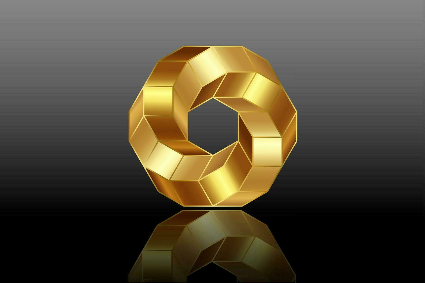 3d espiral romboidal forma en oro color, lujo logo diseño en geométrico marco estilo. negocio resumen icono. corporativo, medios de comunicación, tecnología, vector aislado en negro antecedentes