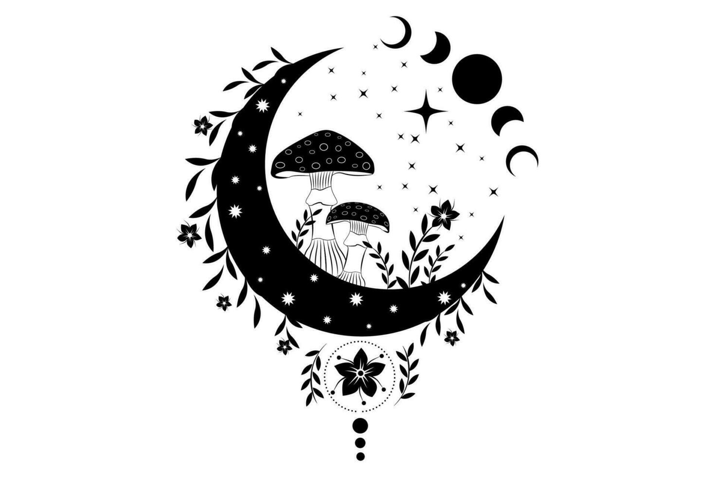 celestial místico boho hongos, magia amanita muscaria con Luna y estrellas, brujería símbolo, brujo esotérico logo tatuaje, Luna fase, floral elementos hongos, hongo. esotérico wiccan clipart vector