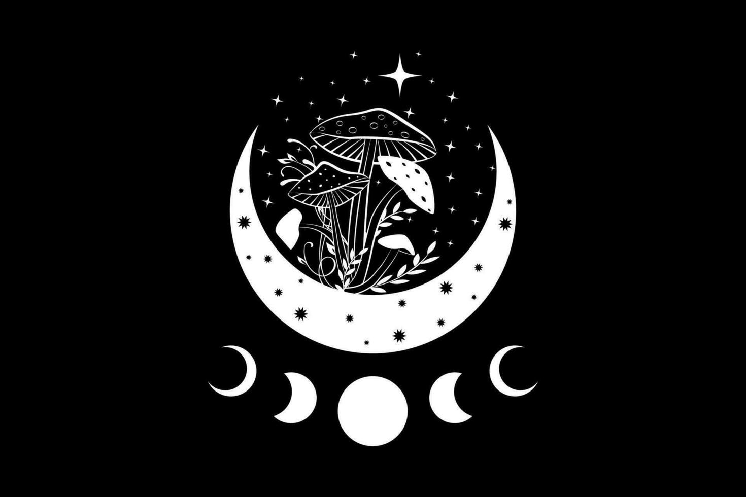 Shamanic magic mushrooms, Mystical Amanita Muscaria with moon phases and stars. Witchcraft crescent moon symbol, witchy esoteric fungus logo tattoo. Celestial wiccan clipart isolated, black background vector