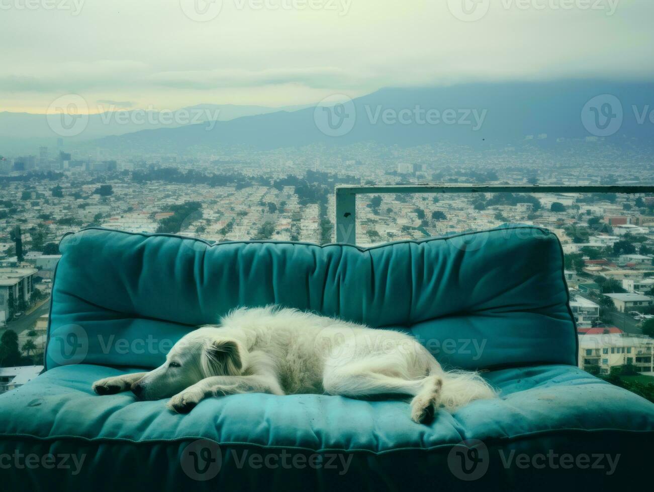 Pensive dog resting on a soft couch with a view of the city AI Generative photo