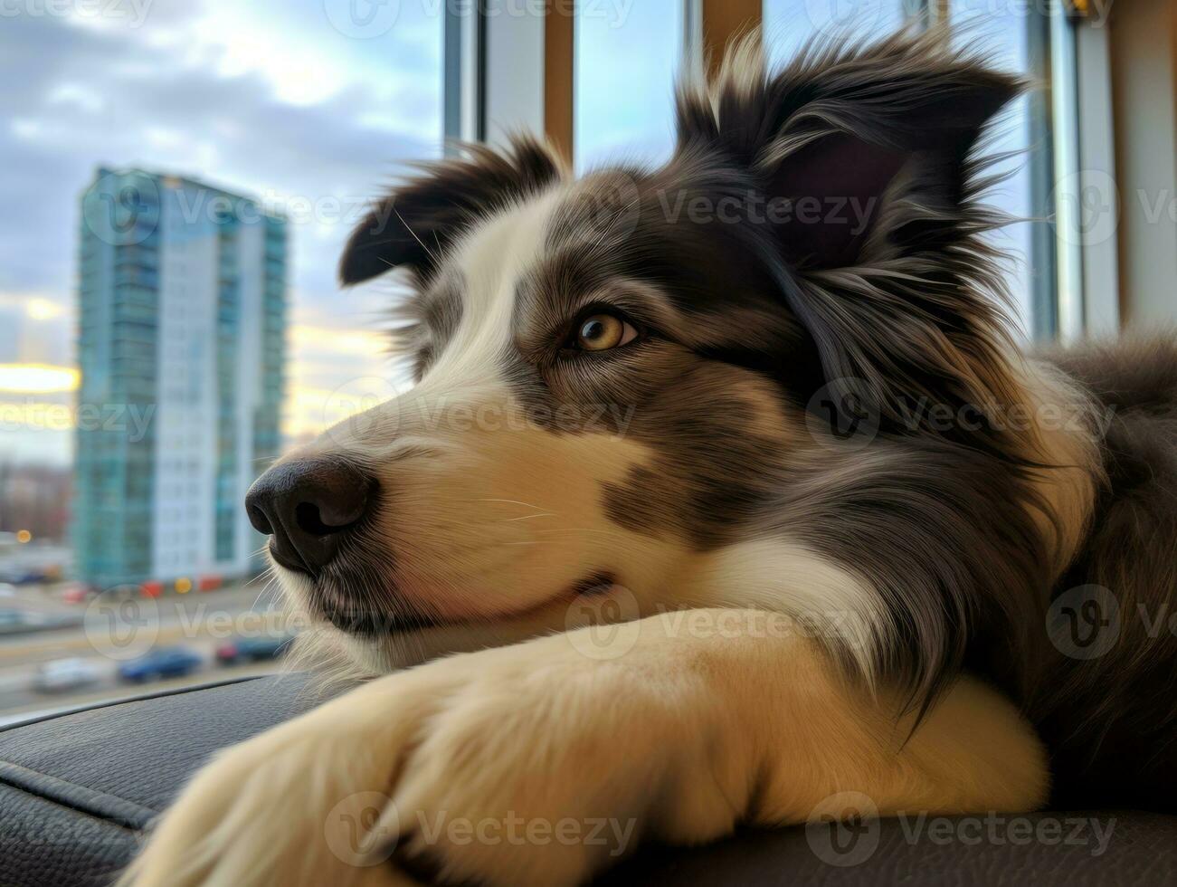 Pensive dog resting on a soft couch with a view of the city AI Generative photo