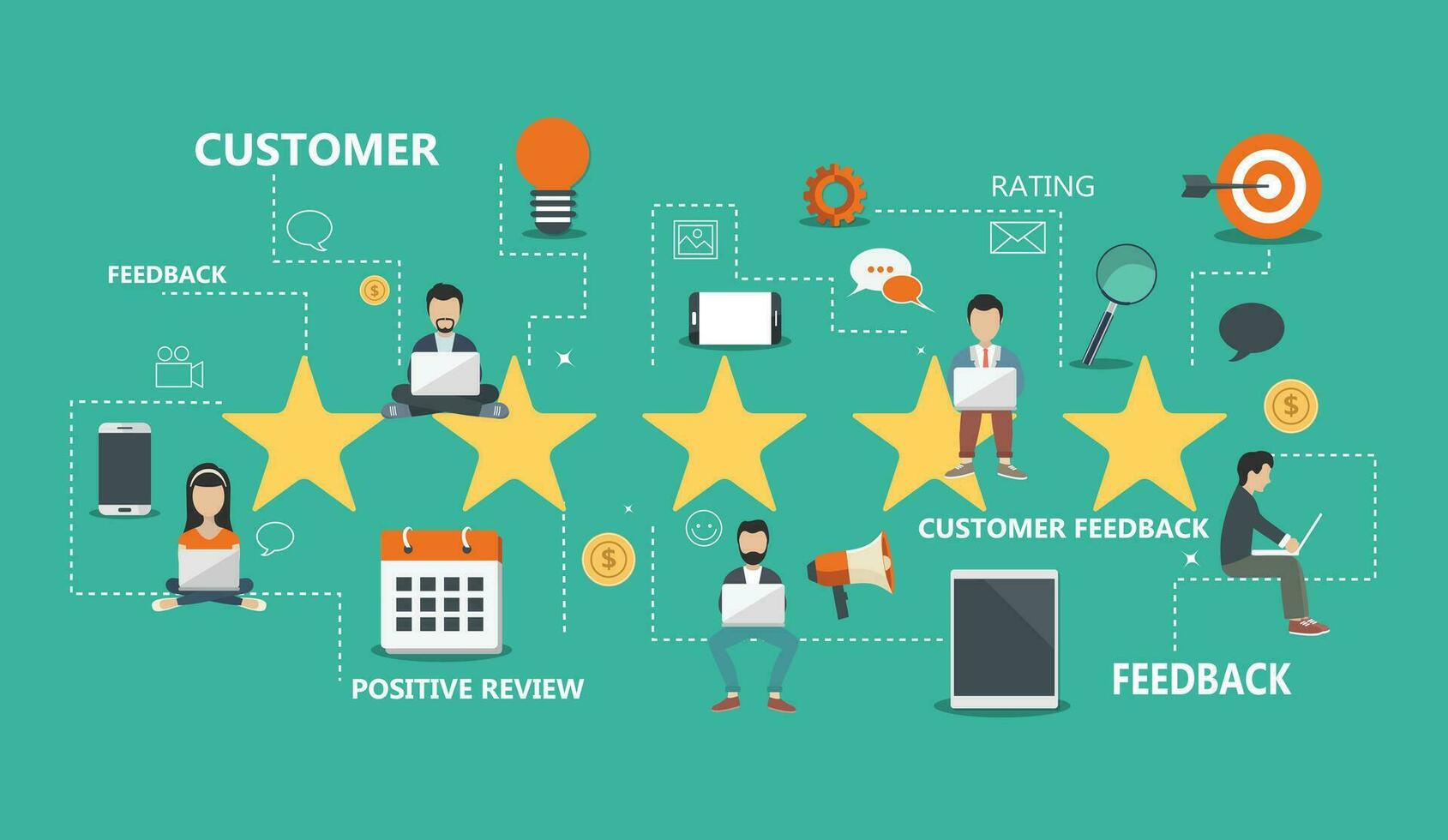 Concept of feedback, testimonials messages and notifications. Rating on customer service. Flat vector illustration