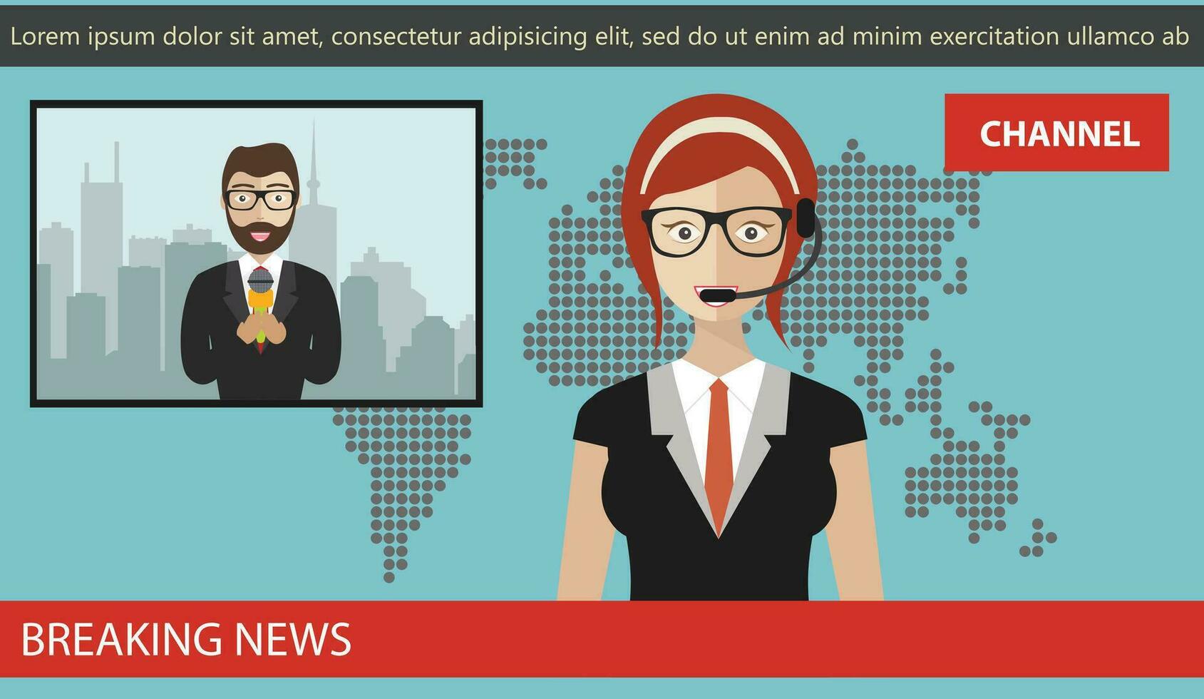 Breaking news concept. News anchor broadcasting the news with a reporter live on screen. Flat vector illustration