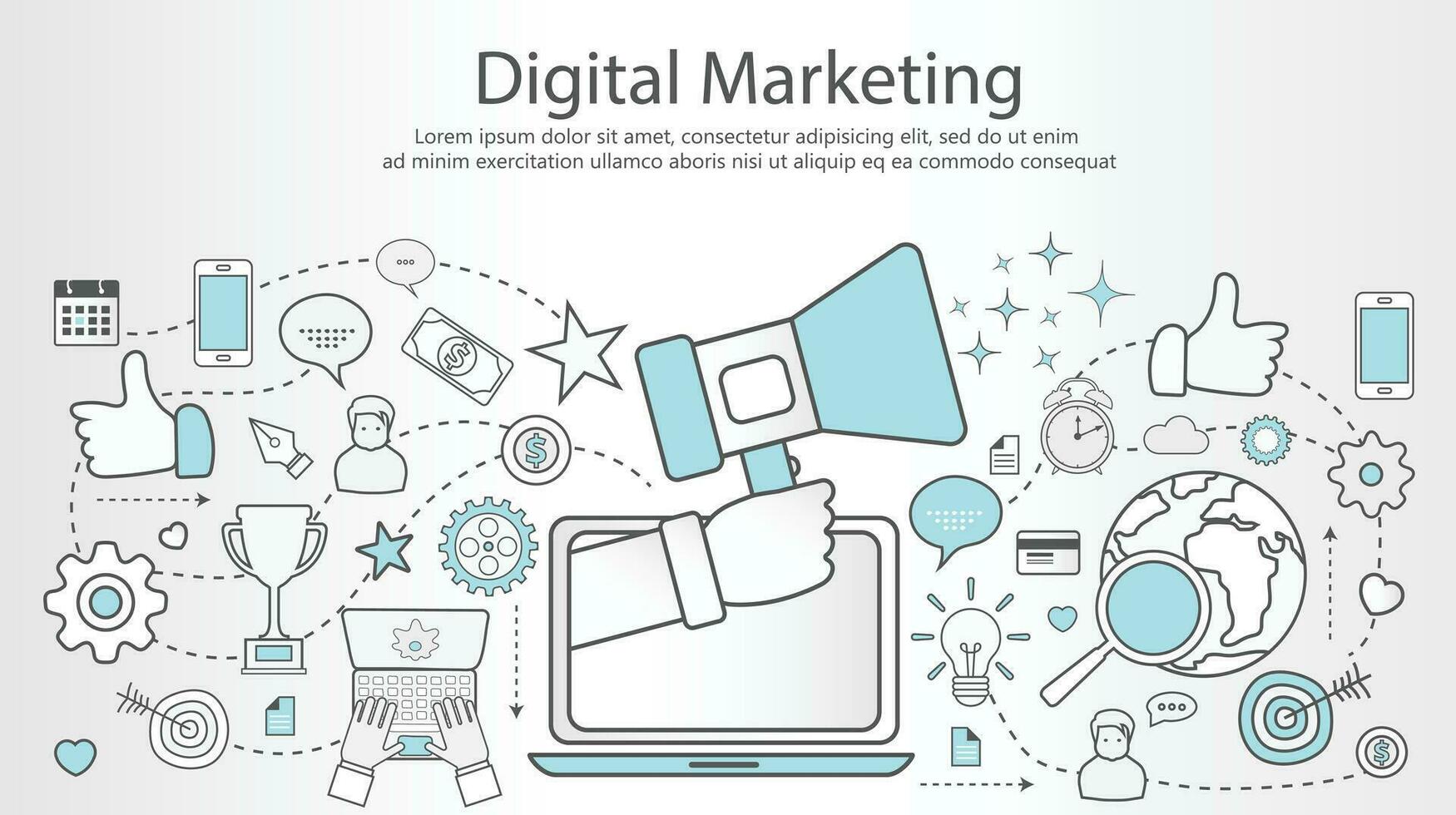 Digital marketing concept. Flat outline vector illustration.