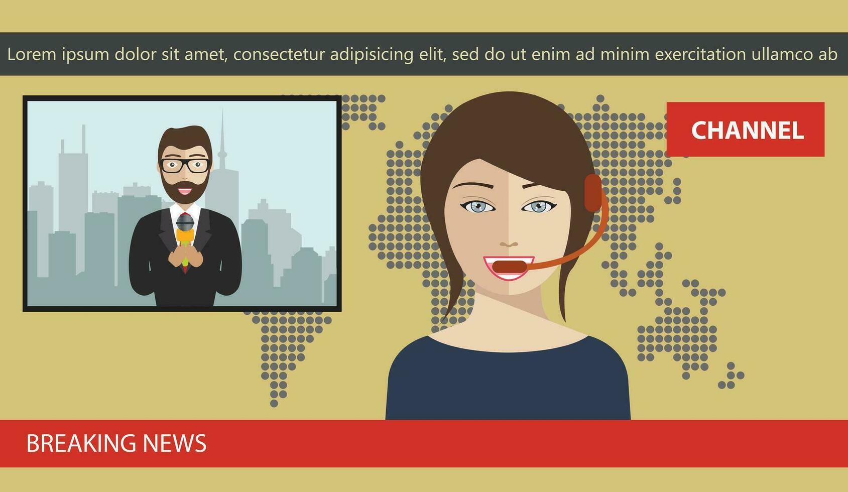 Breaking news concept. News anchor broadcasting the news with a reporter live on screen. Flat vector illustration