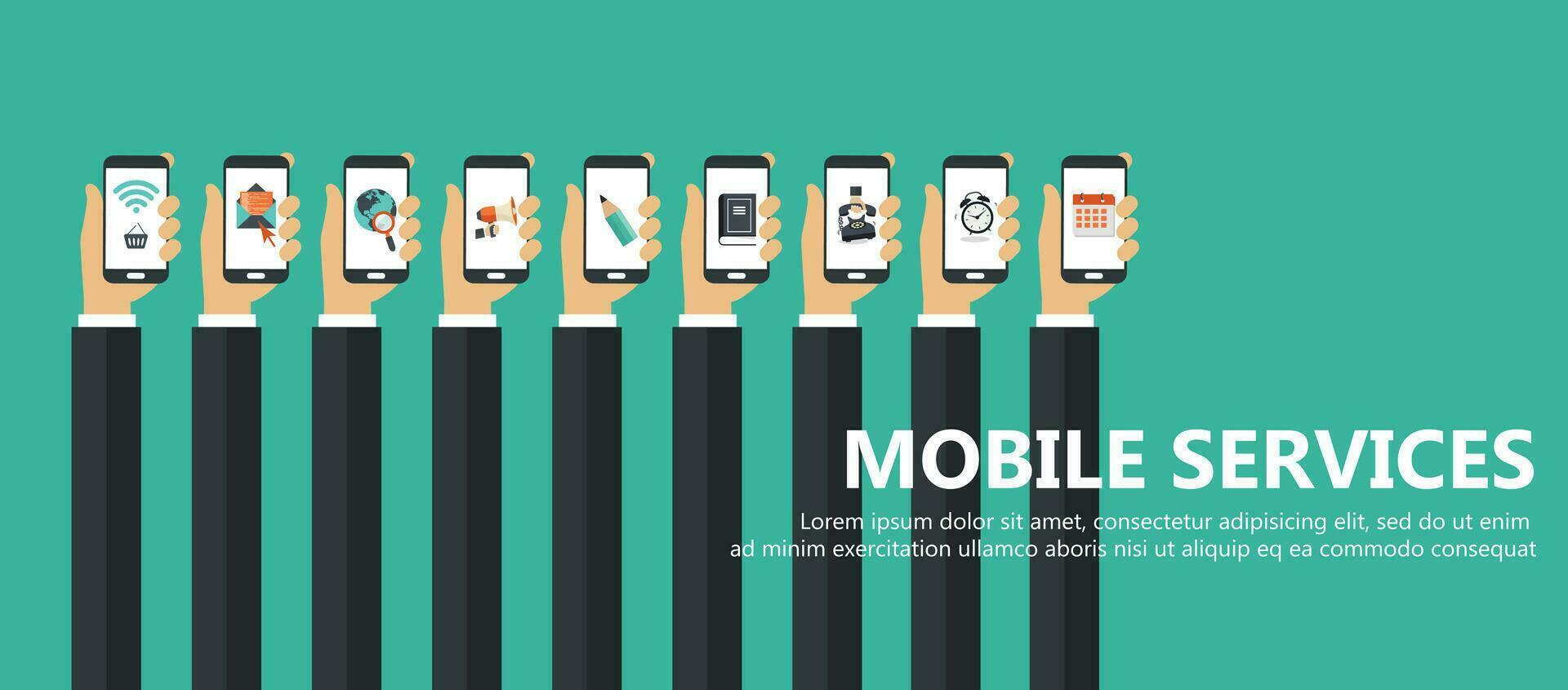 Mobile applications concept. Hands with phones. Flat vector illustration.