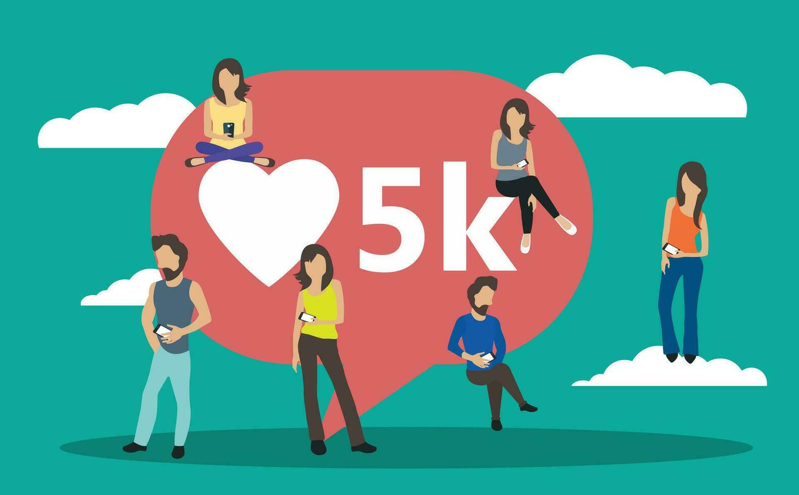 Social media bubble with heart symbol. Young people using mobile gadgets such as laptop, tablet pc and smartphone for networking and collecting likes and comments. Flat vector illustration