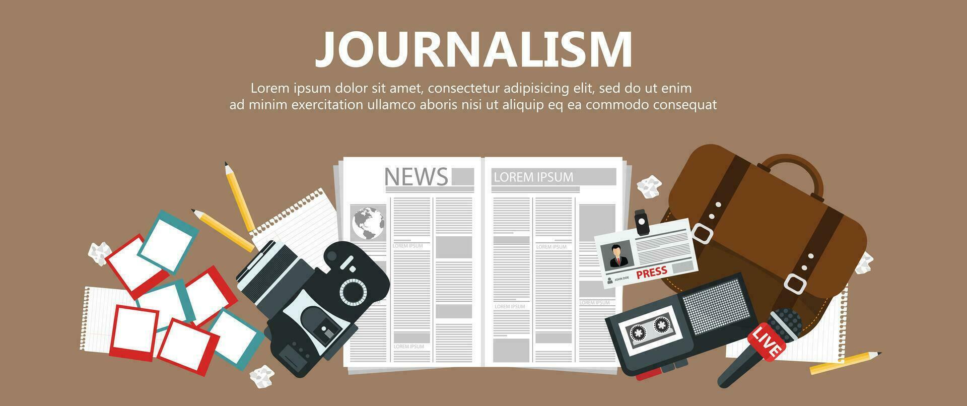 Journalism flat banner. Equipment for journalist on desk. Flat vector illustration