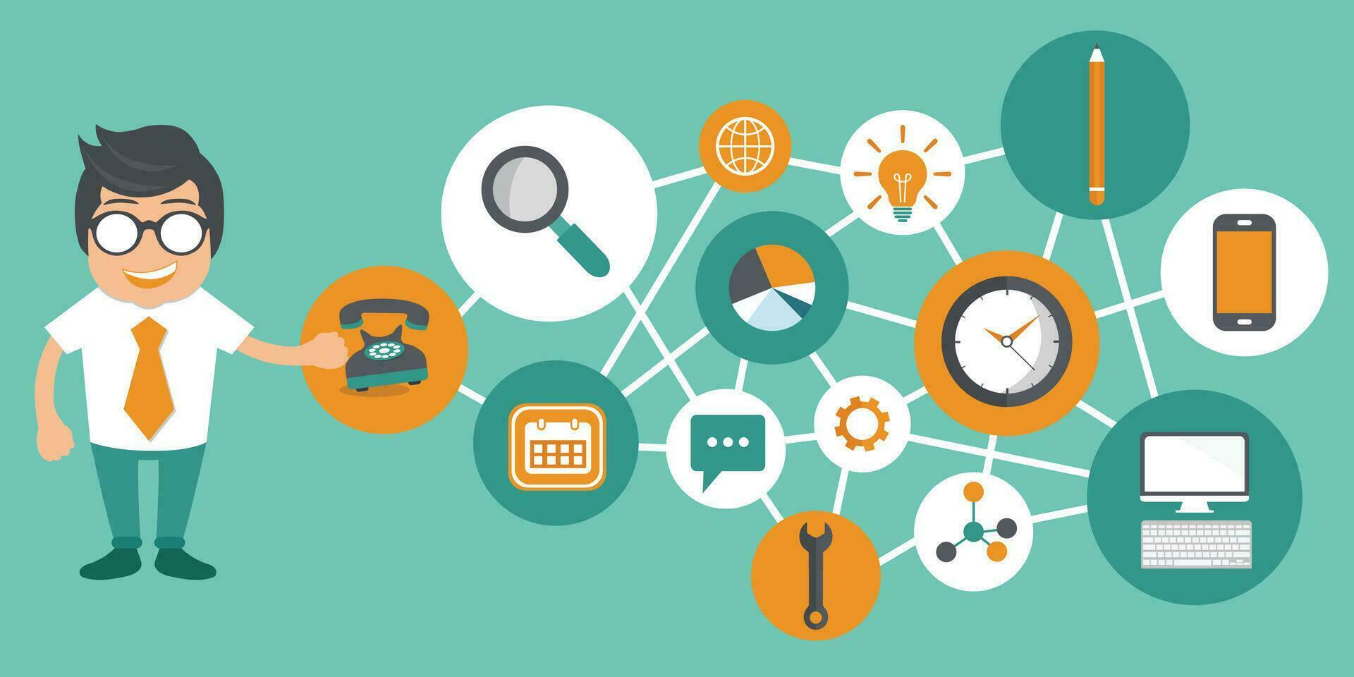 Businessman presenting customer relationship management. System for managing interactions with current and future customers. Flat vector illustration.