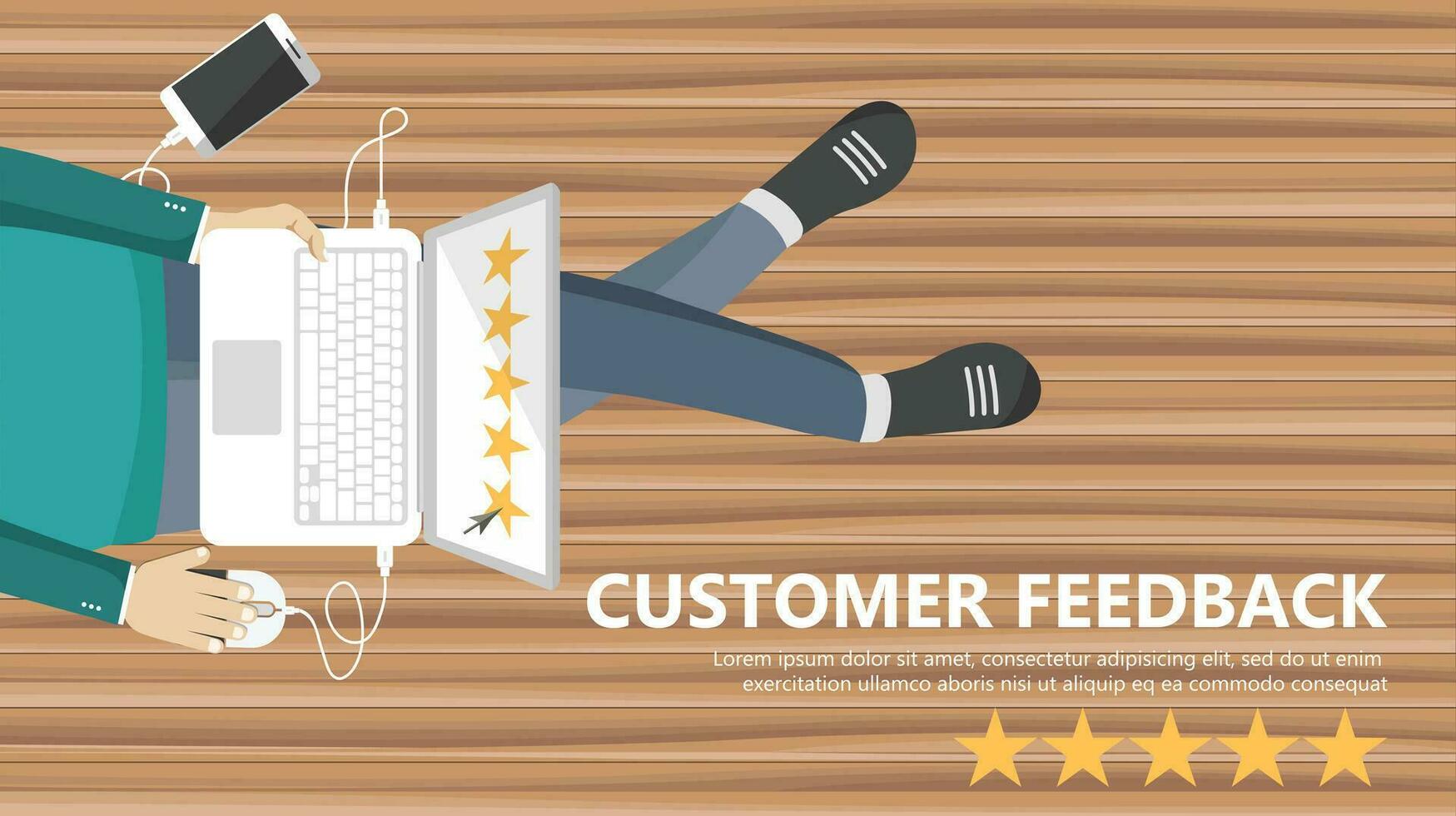 Rating on customer service illustration. Man sitting on the floor and holding lap top in his lap. Website rating feedback and review concept. Flat vector illustration