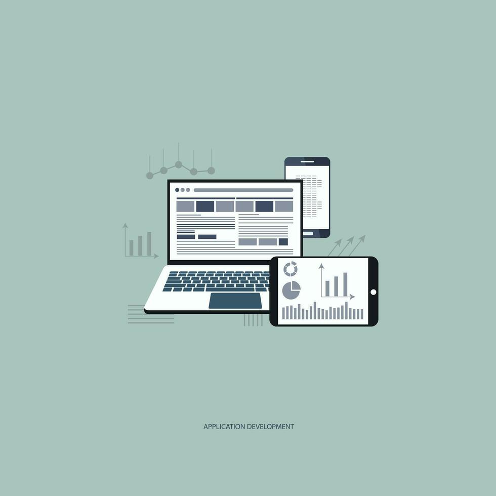 Flat vector design illustration concept for application development. Concept to building successful business.