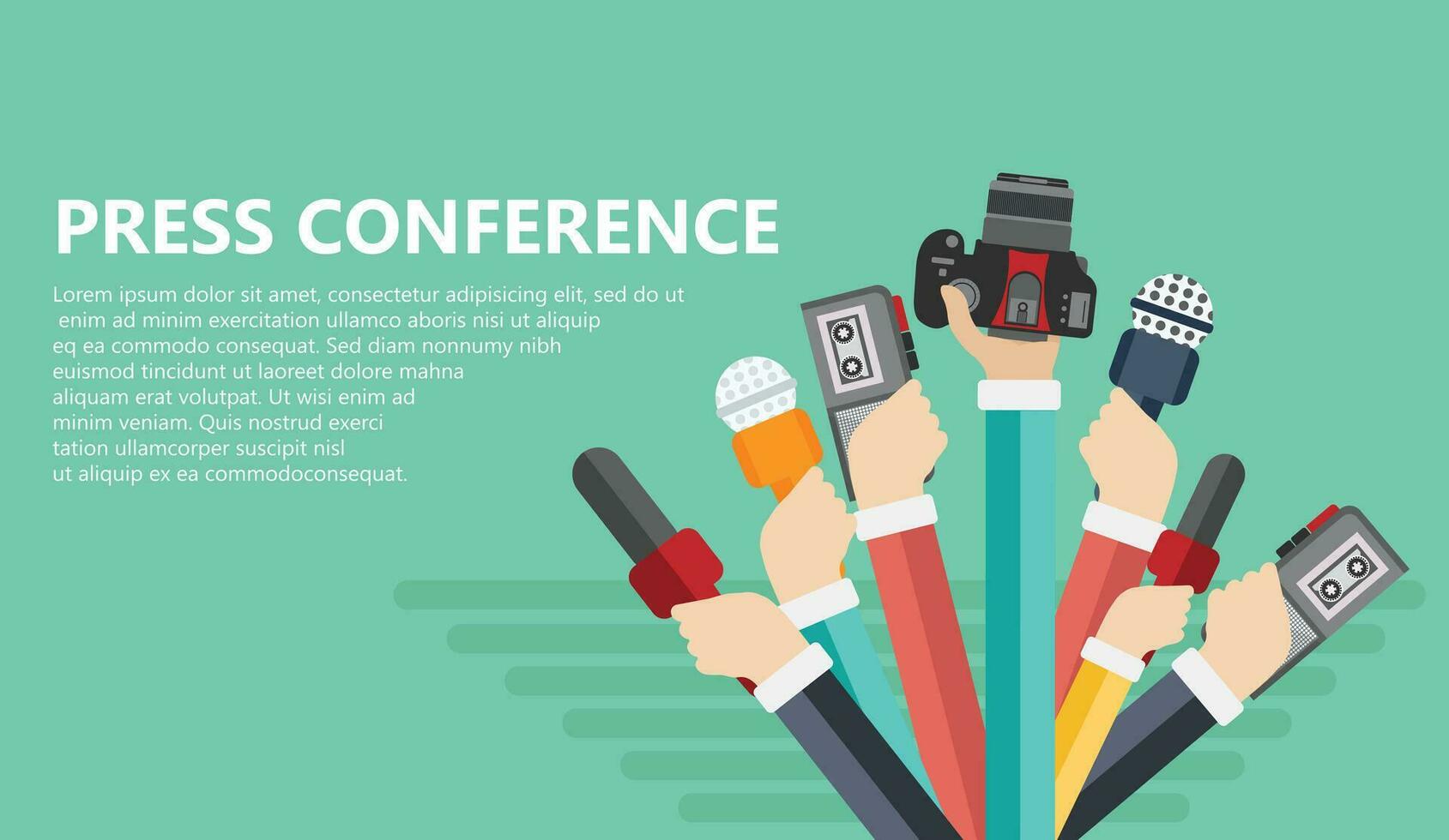 Microphones in reporter hands. Set of microphones and recorders isolated on blue background. Mass media, television, interview, breaking news, press conference concept. Flat vector illustration.