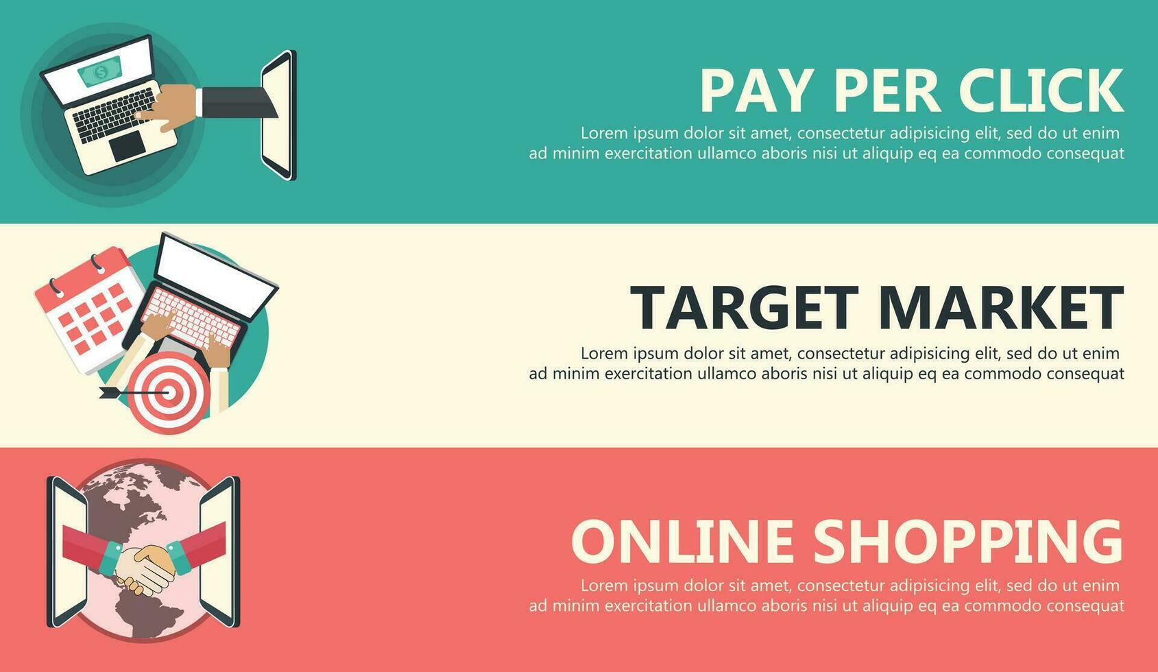 Pay per click, target market, on line shopping banners. Flat vector illustration