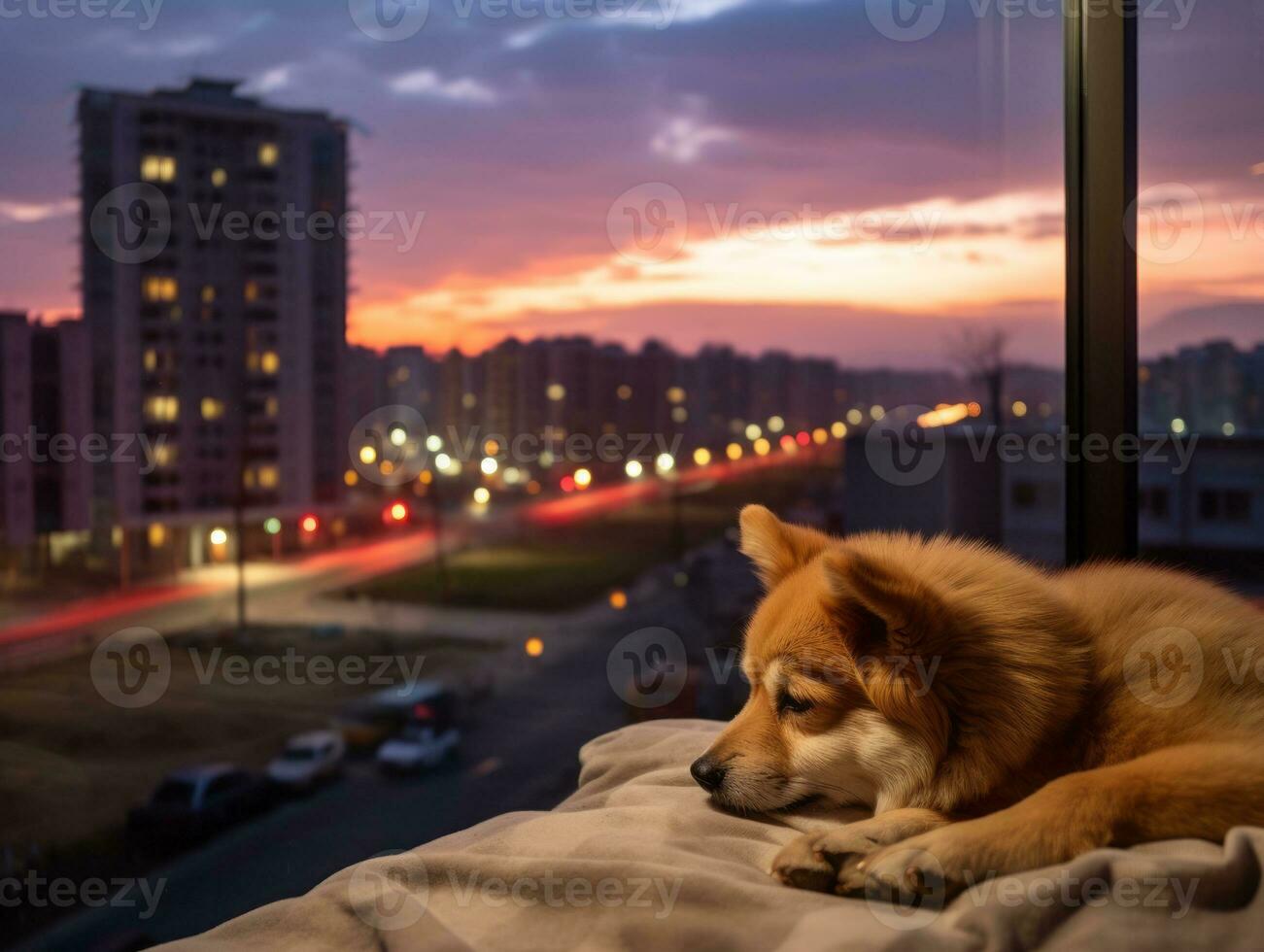 Pensive dog resting on a soft couch with a view of the city AI Generative photo