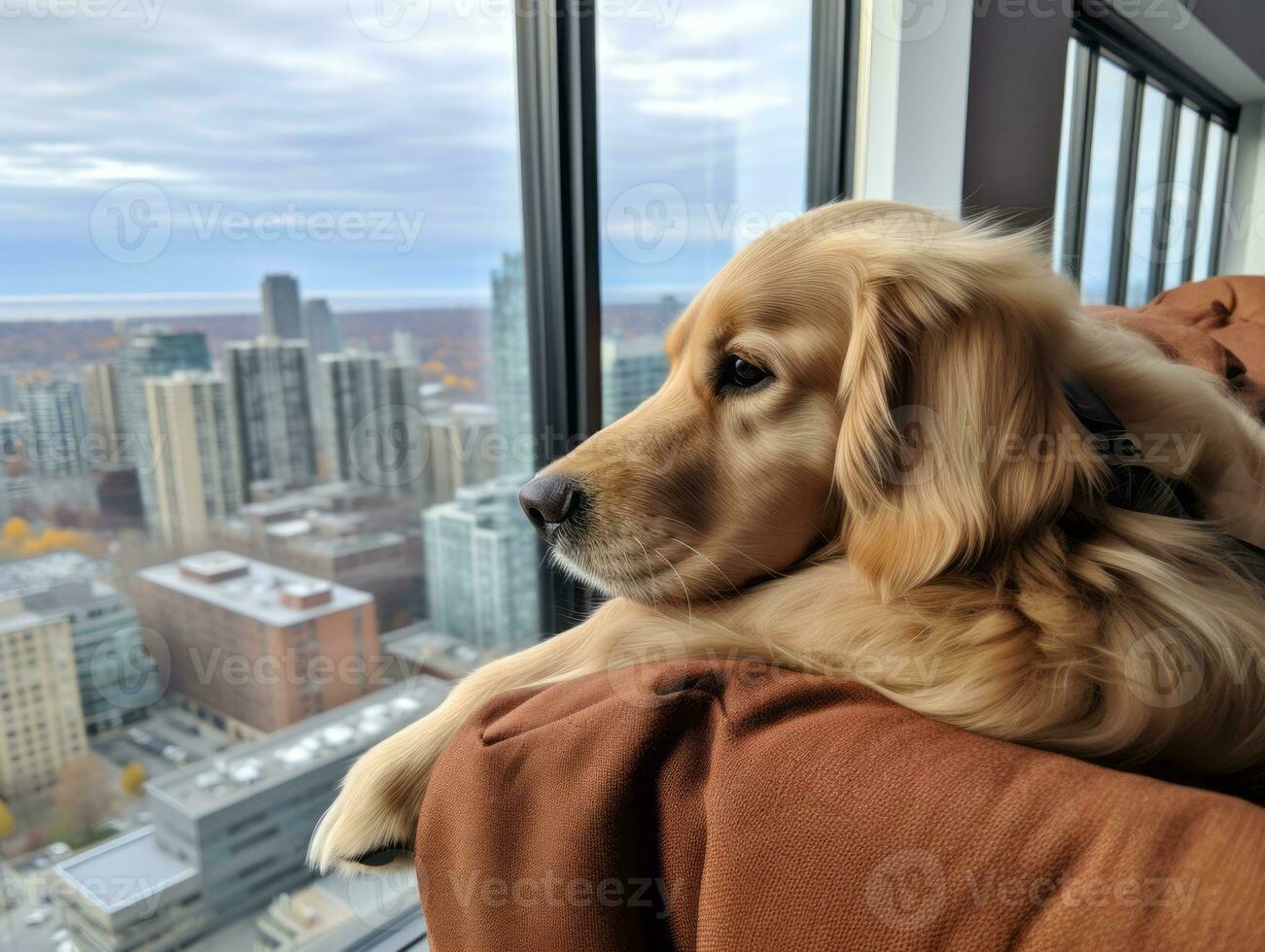 Pensive dog resting on a soft couch with a view of the city AI Generative photo