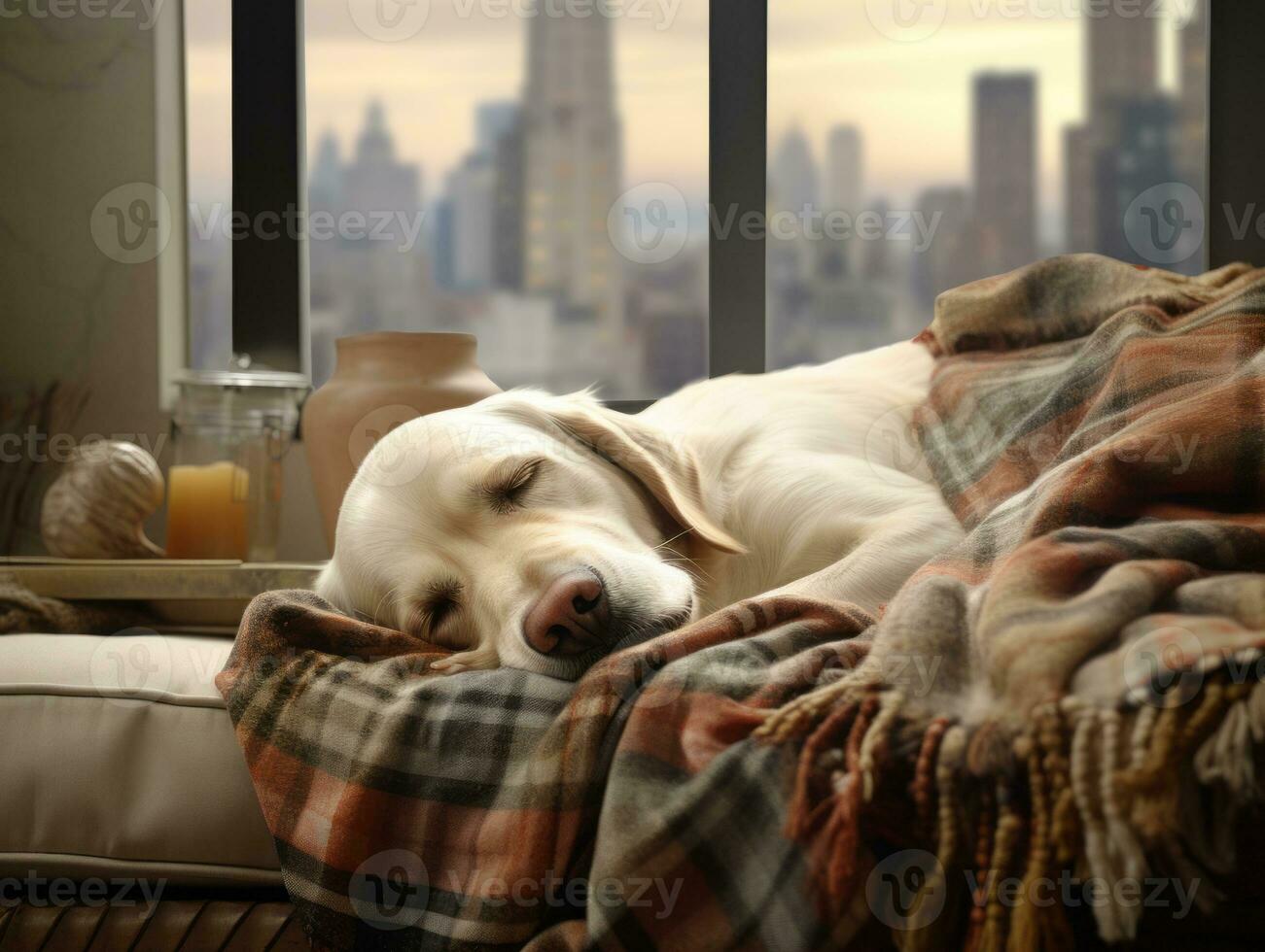 Pensive dog resting on a soft couch with a view of the city AI Generative photo