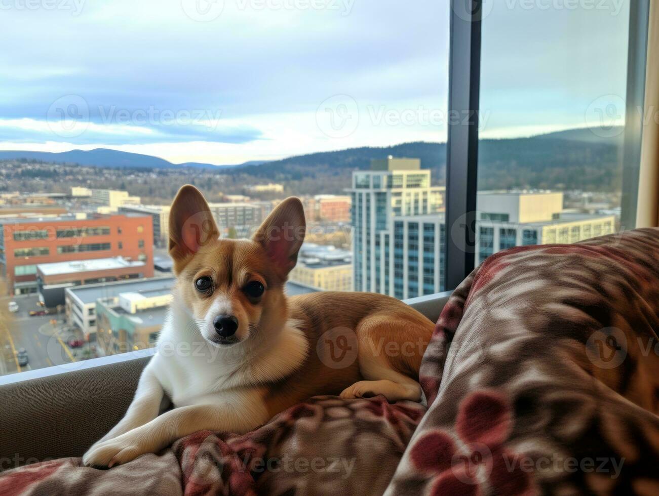 Pensive dog resting on a soft couch with a view of the city AI Generative photo