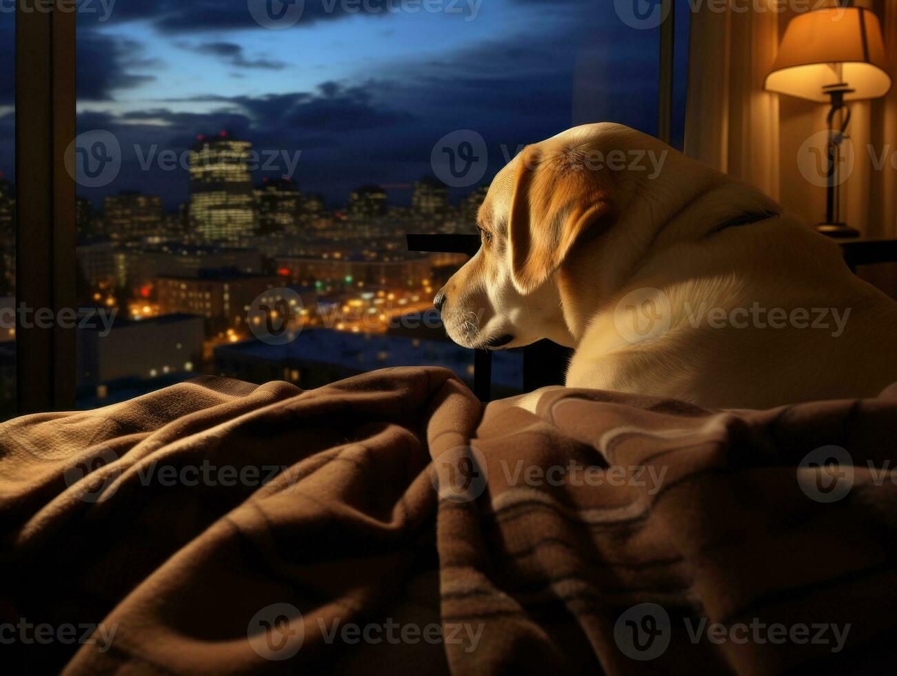 Pensive dog resting on a soft couch with a view of the city AI Generative photo