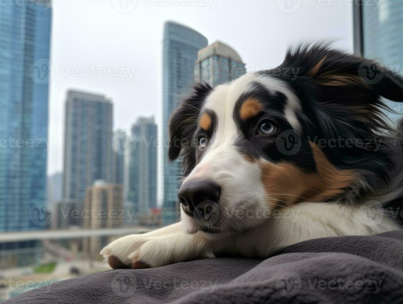 Pensive dog resting on a soft couch with a view of the city AI Generative photo
