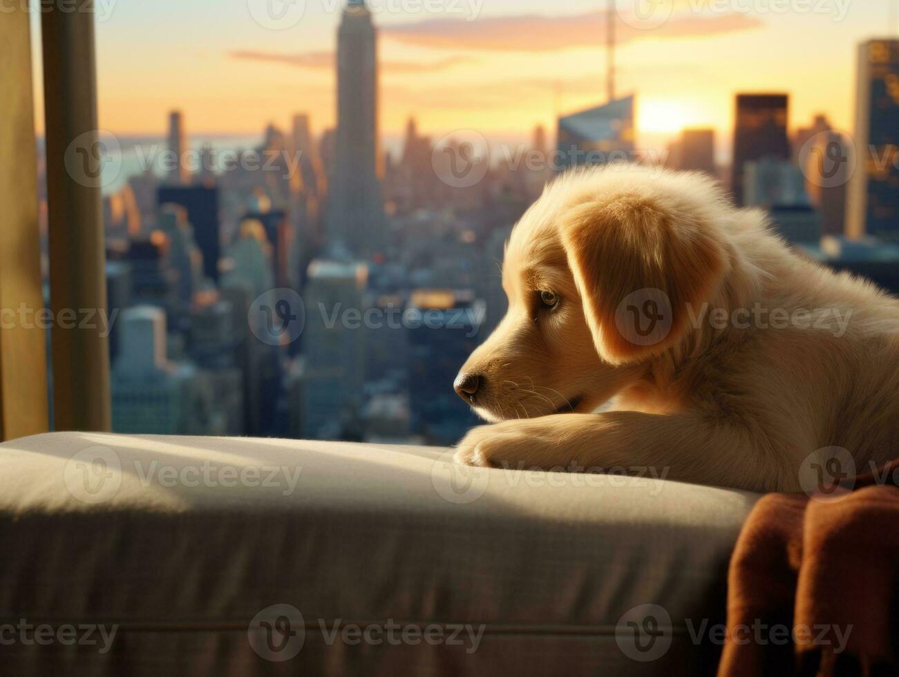 Pensive dog resting on a soft couch with a view of the city AI Generative photo