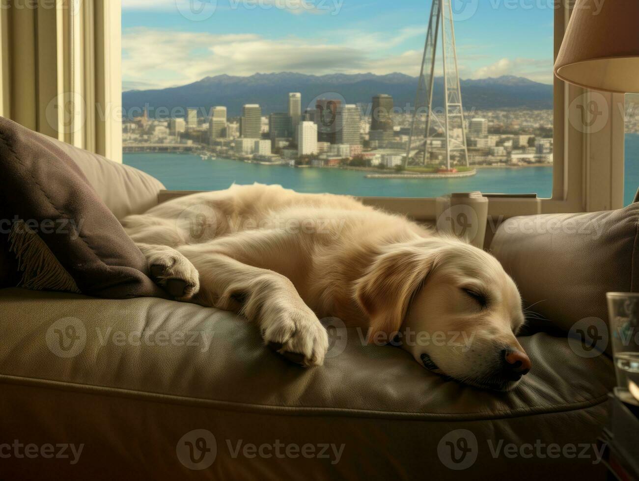 pensativo perro descansando en un suave sofá con un ver de el ciudad ai generativo foto