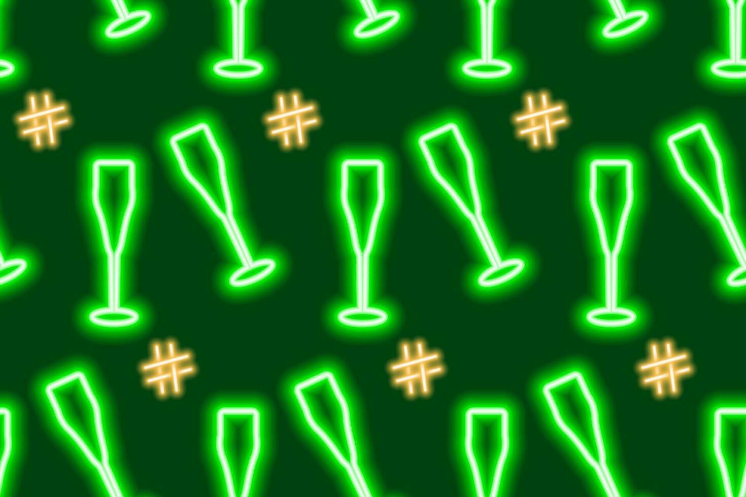 Christmas seamless pattern of luminous neon wineglasses with hashtag sign in trendy New Year shades vector