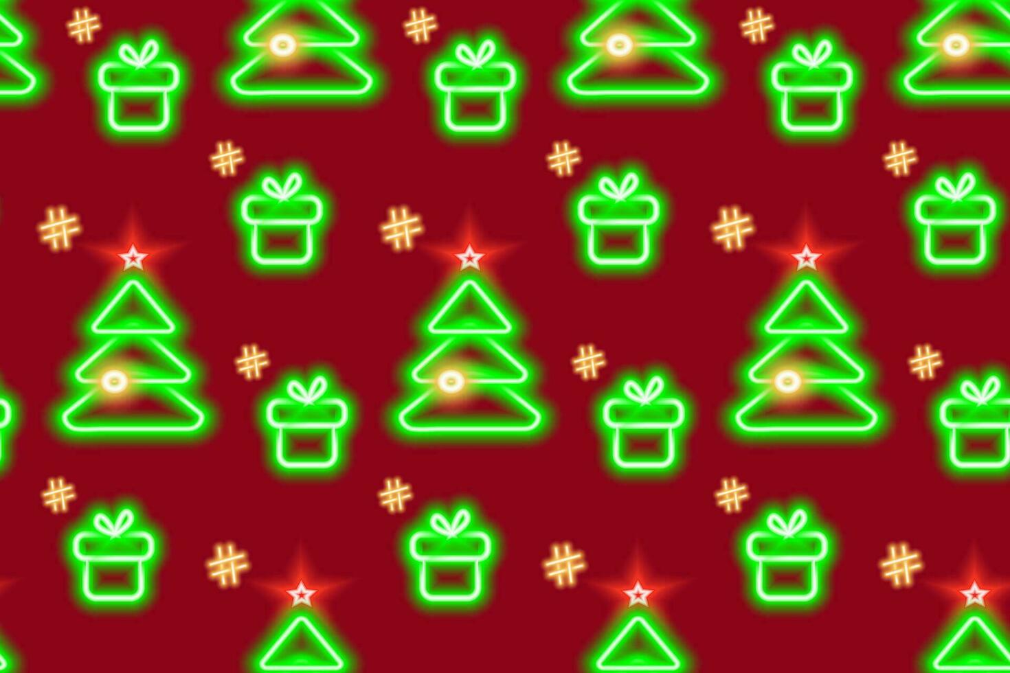 Seamless pattern of neon glowing Christmas tree and gift box with hashtags in trendy Xmas shades vector