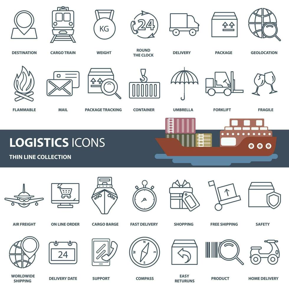 Logistics, product transportation and delivery icon set. Outline web icon set. Flat vector illustration