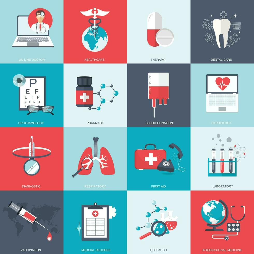 Health care and medicine icon set. Flat vector illustration.