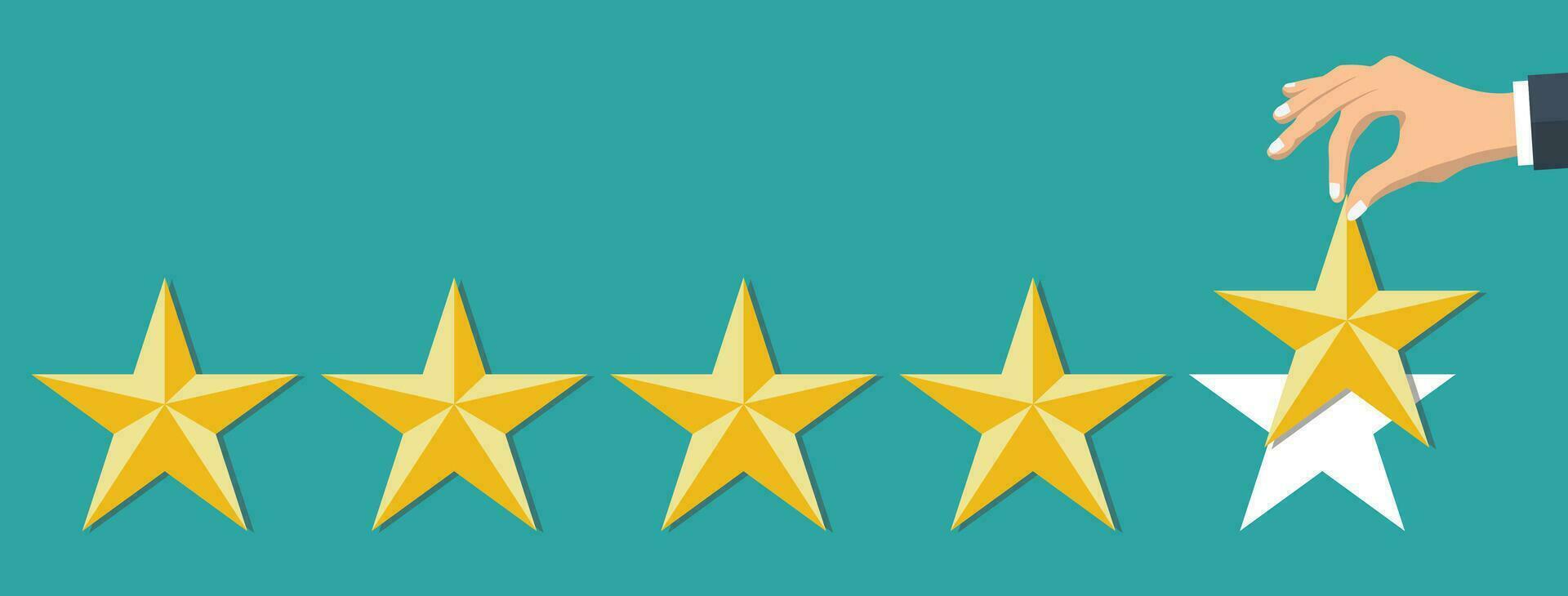 Customer rating, feedback, star rating, quality work. Businessman holding a gold star in hand, to give five. Evaluation system. Positive review. Flat vector illustration