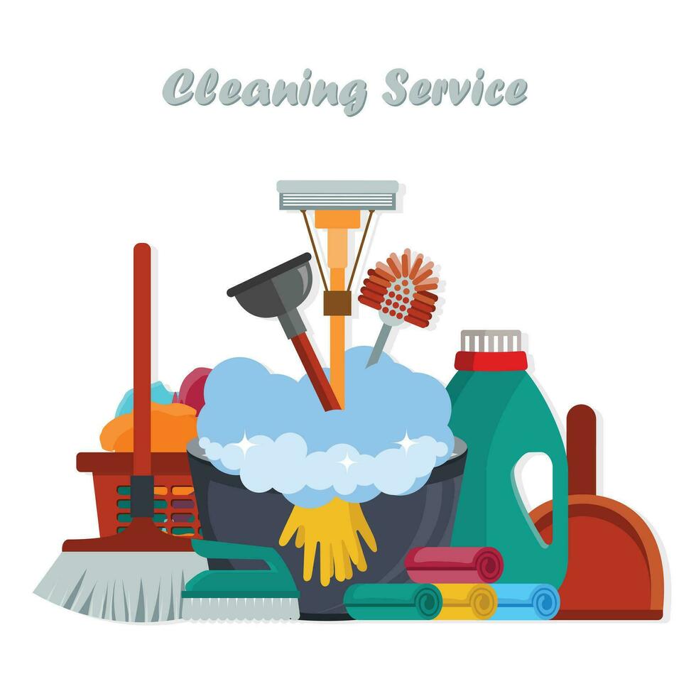 Equipment Cleaning service concept. Poster template for house cleaning services with various tools. Flat vector illustration