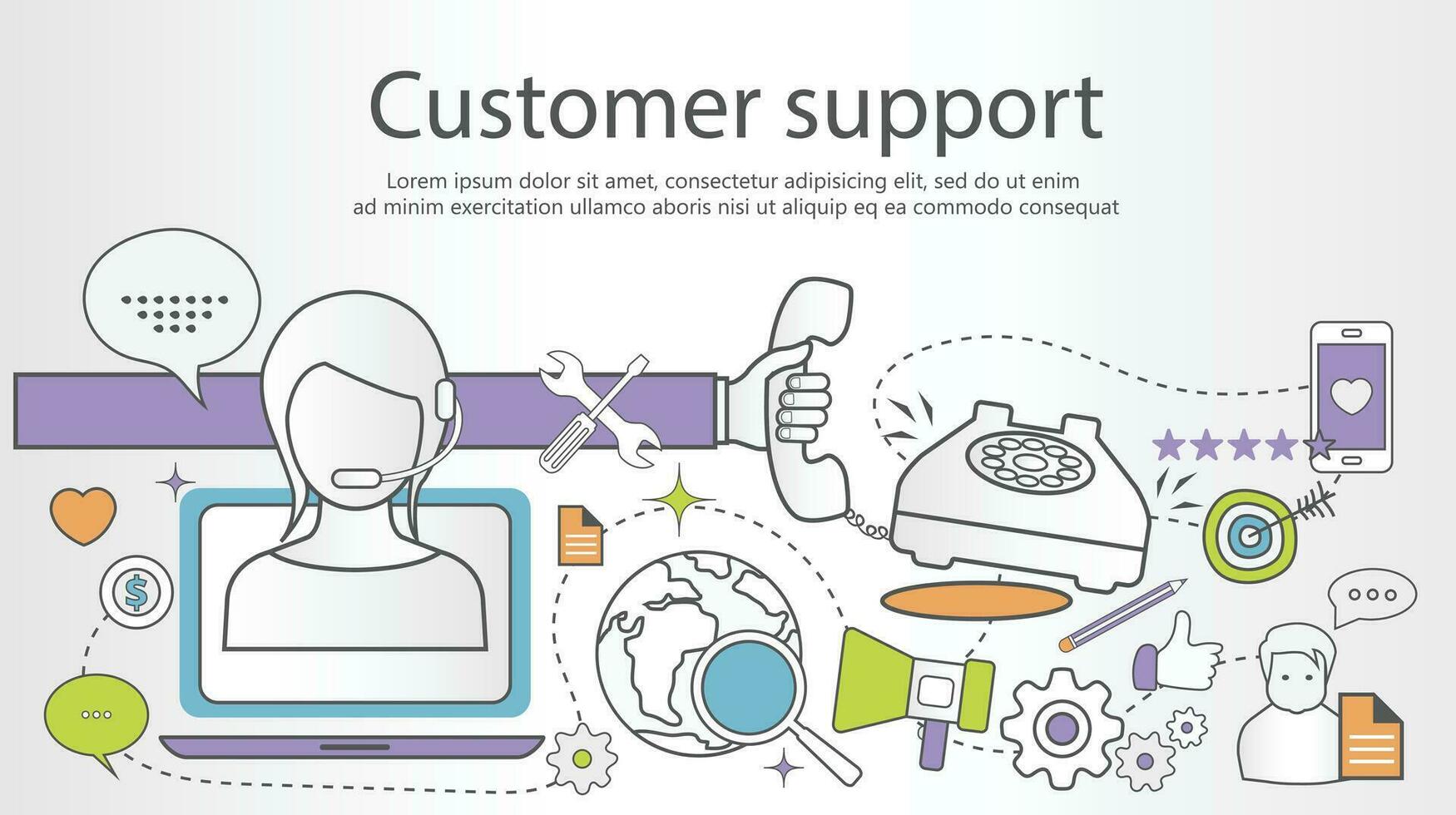 Support service concept banner. Flat design outline illustration with icons vector