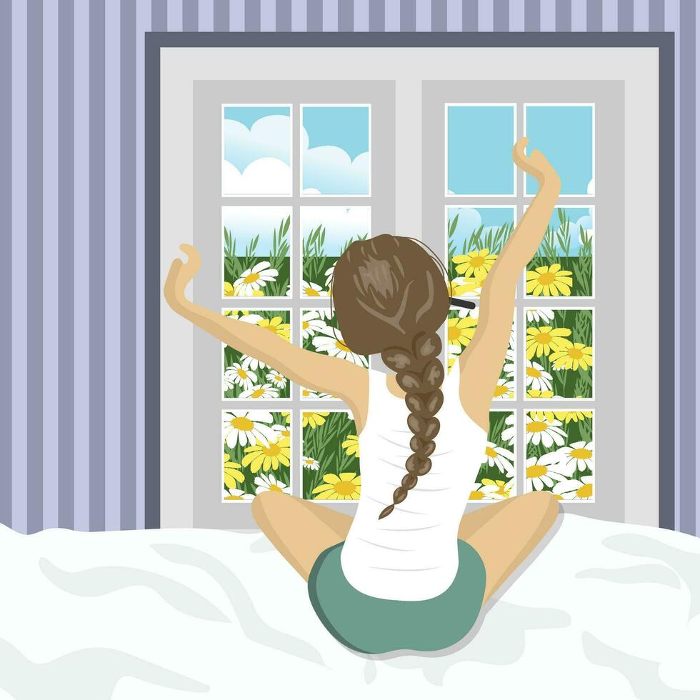 mujer extensión en cama después despertar arriba. concepto para Días festivos y vacaciones verano escenario. plano vector ilustración