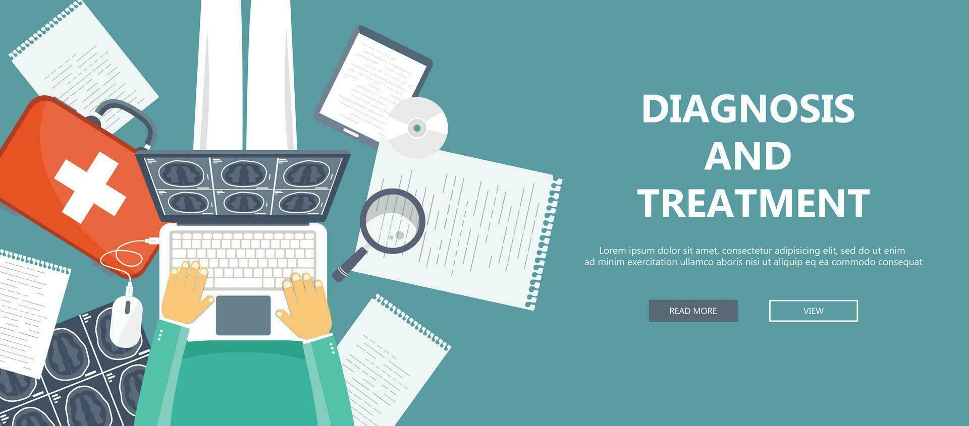 Diagnosis and treatment concept. Doctor sitting on wooden floor and holding lap top in his lap. Flat vector illustration