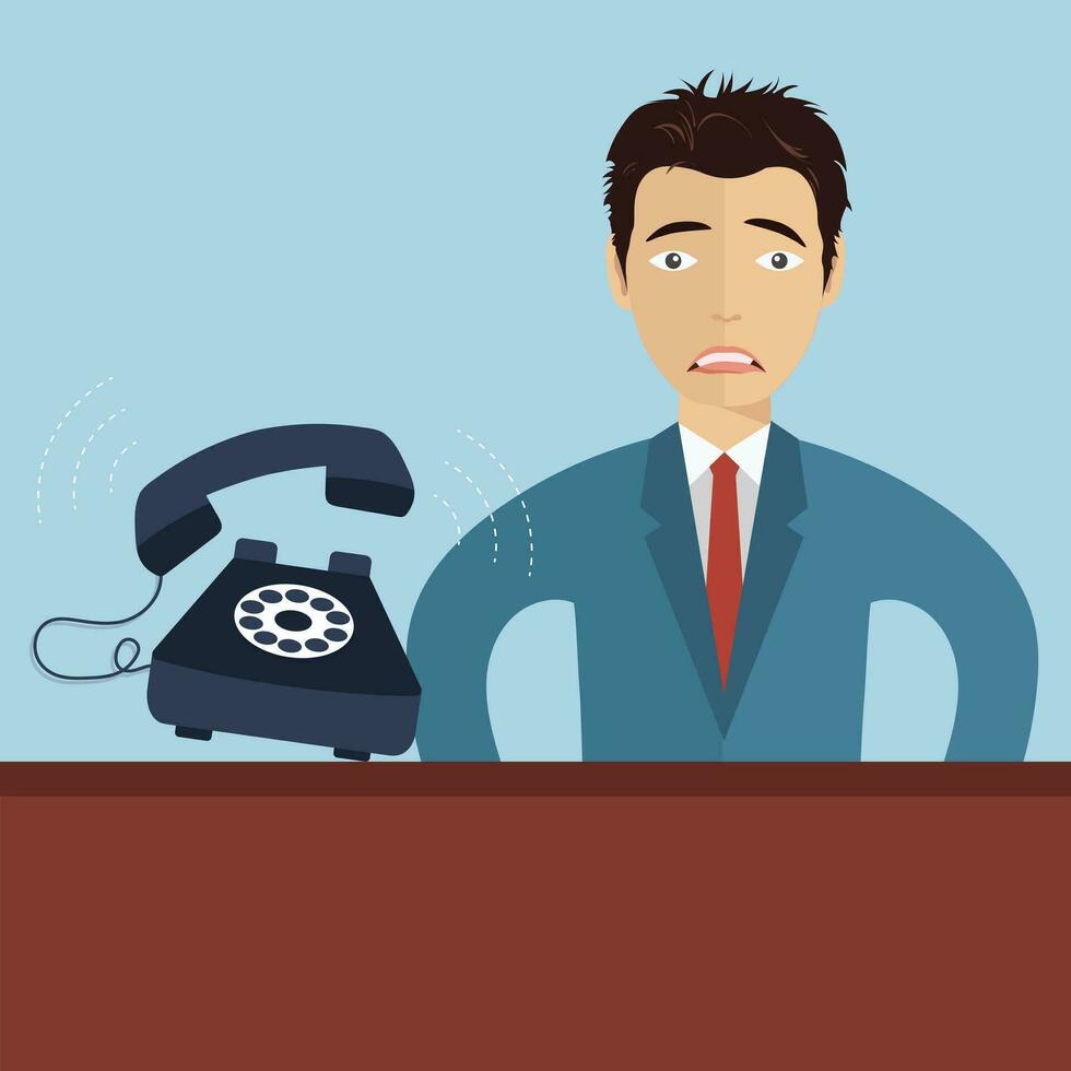 Worried businessman with ringing telephone. Busy customer support technician. Flat vector illustration.