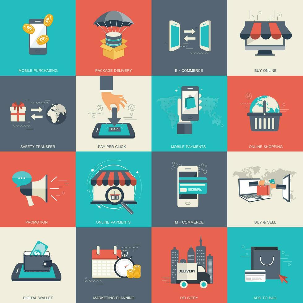 E - commerce and online shopping icon set. Flat vector illustration