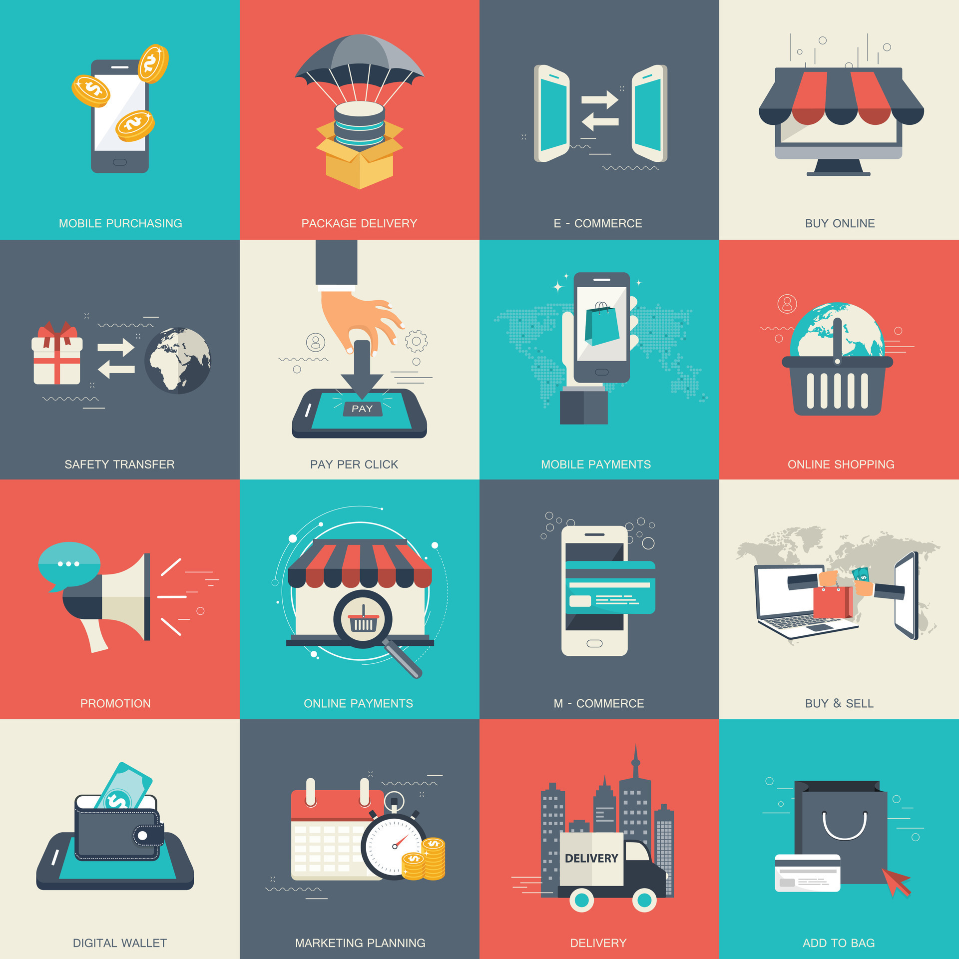 E - commerce and online shopping icon set. Flat vector illustration ...