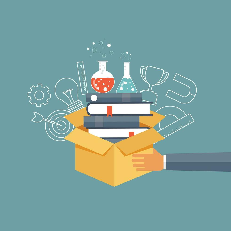 Hand holding box with bunch of books. Education and knowledge concept. Flat vector illustration