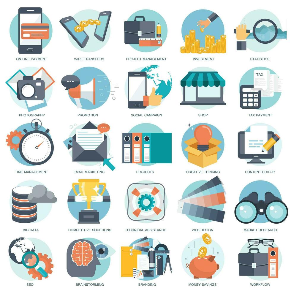 Business, technology and finances icon set for websites and mobile applications and services. Flat vector illustration