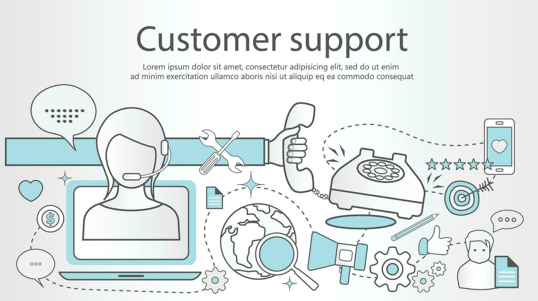 Support service concept banner. Flat design outline illustration with icons vector