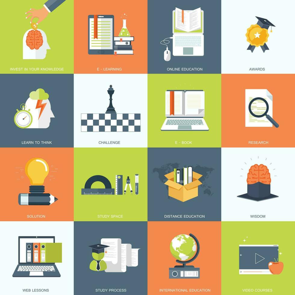 Education, knowledge and science icon set. Flat vector illustration