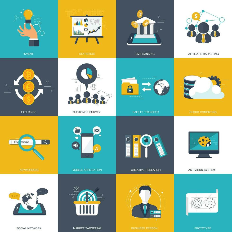 Business and technology icon set for websites and mobile applications. Flat vector illustration