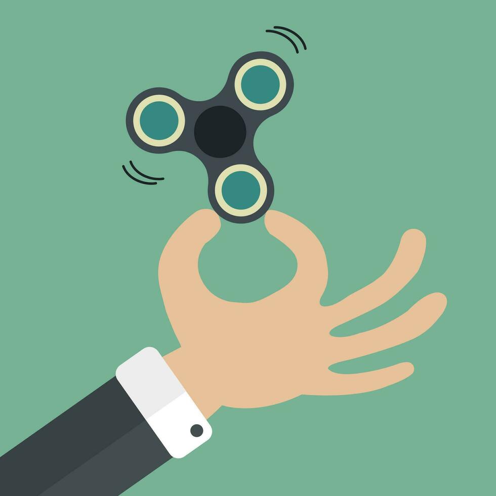 Hand holding a hand spinner. Fidget toy for increased focus, stress relief. Flat vector illustration.