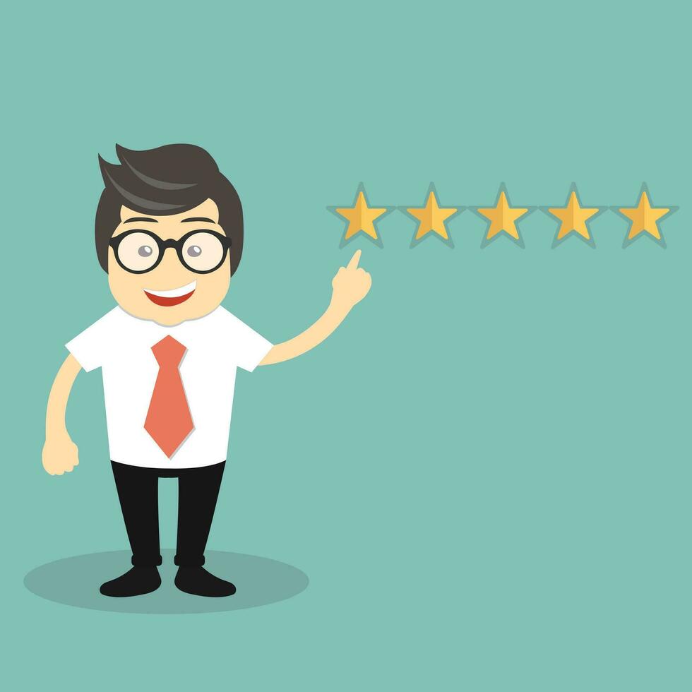 Customer rating, feedback, star rating, quality work. Businessman holding a gold star in hand, to give five. Evaluation system. Positive review. Flat vector illustration