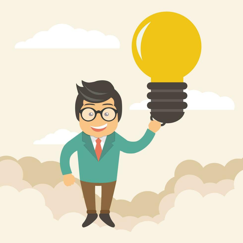 Businessman holding flying bulb as balloon to take him fly high. Happy and success concept. Flat vector illustration