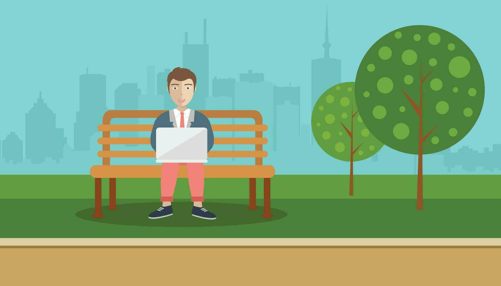 Man sitting in a park, holding lap top on his lap. Social network concept. Flat vector illustration