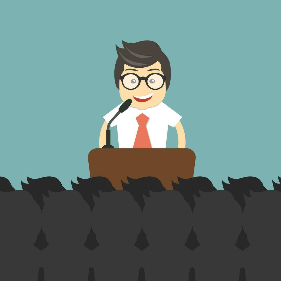 Businessman giving a presentation in front of many people. Press conference concept. Flat vector illustration