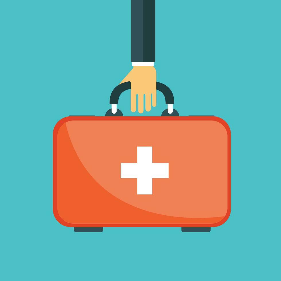 Vector illustration in a modern flat style, health care concept. Hand with medical bag. Flat vector illustration.